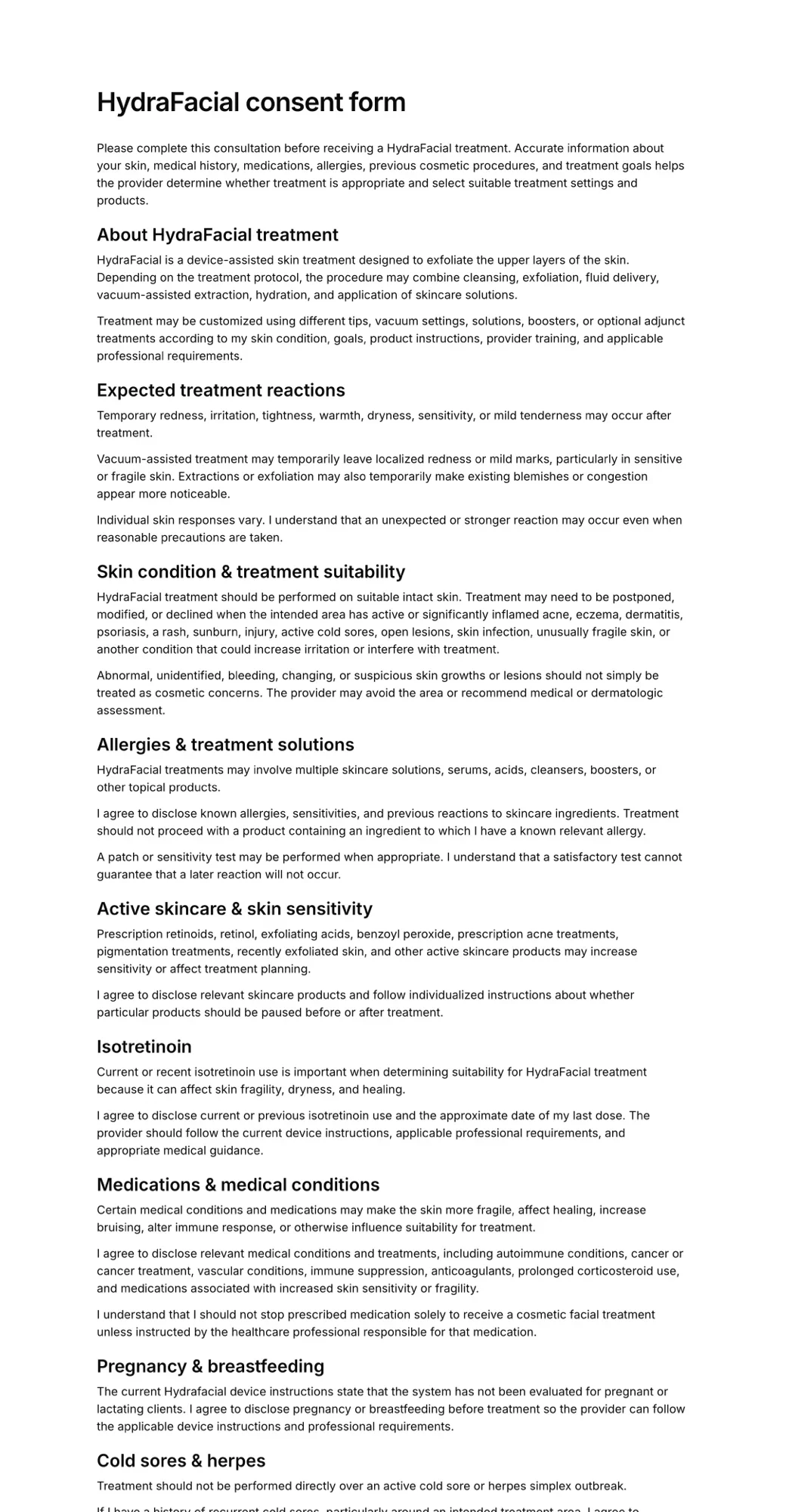 Hydrafacial consent form PDF