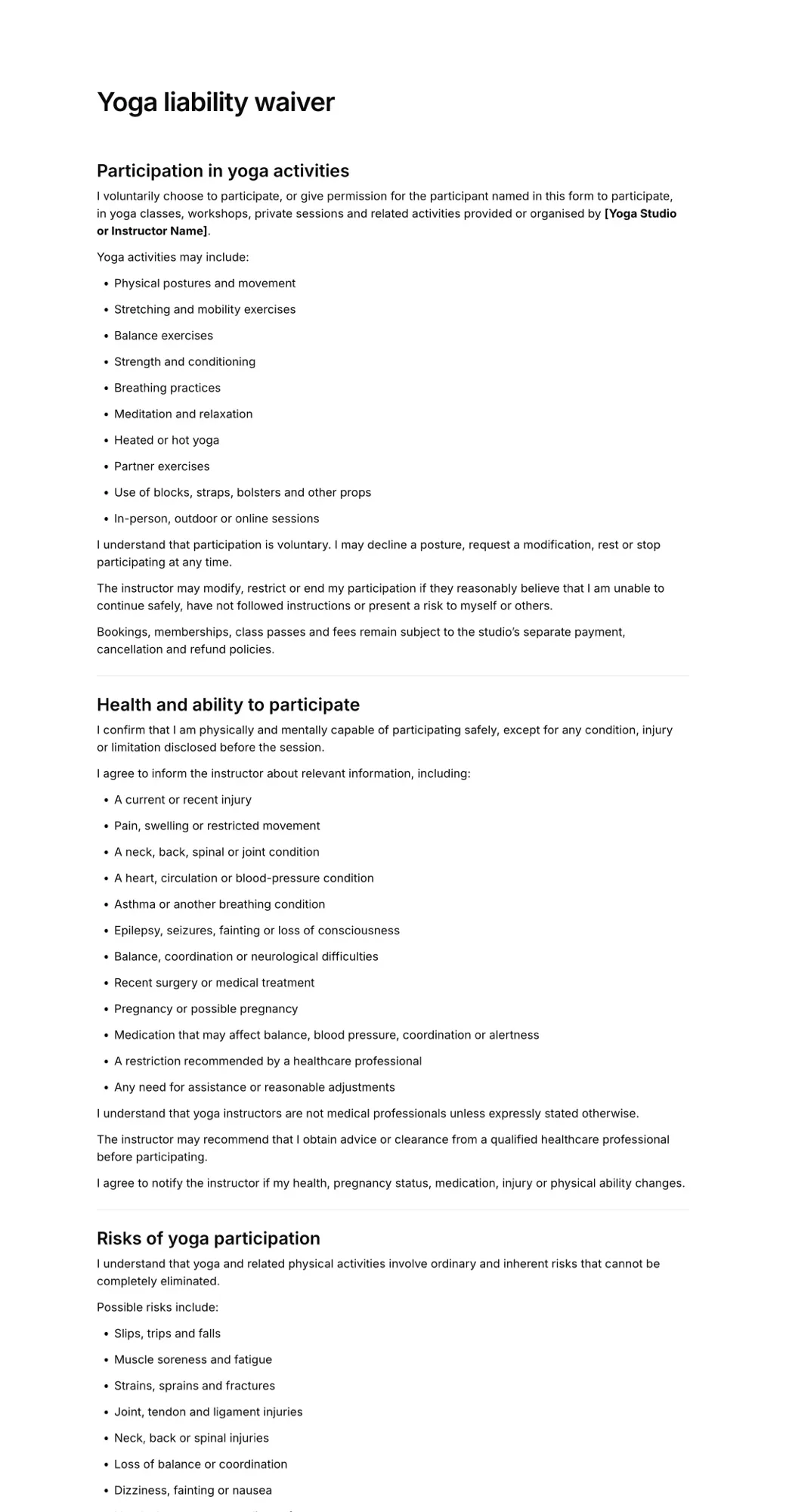 Yoga liability waiver PDF