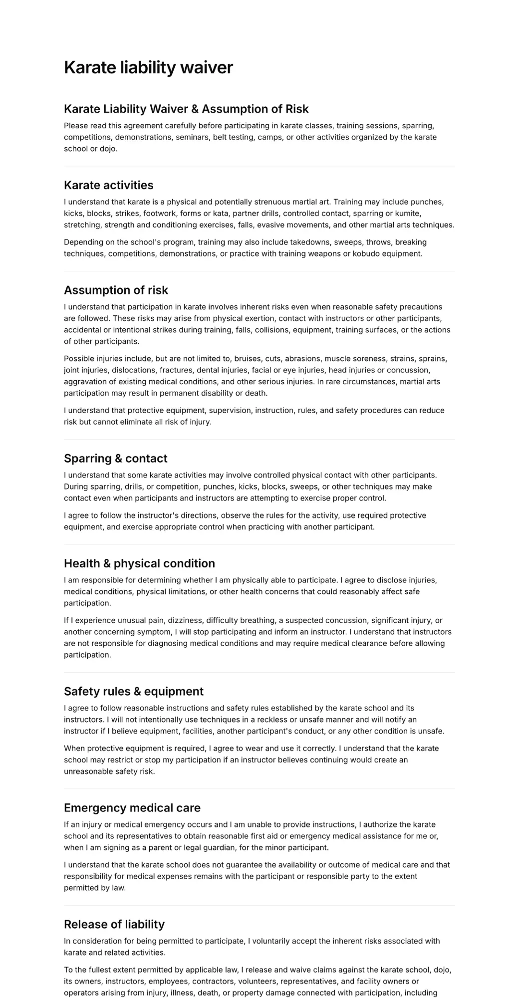 Karate liability waiver PDF