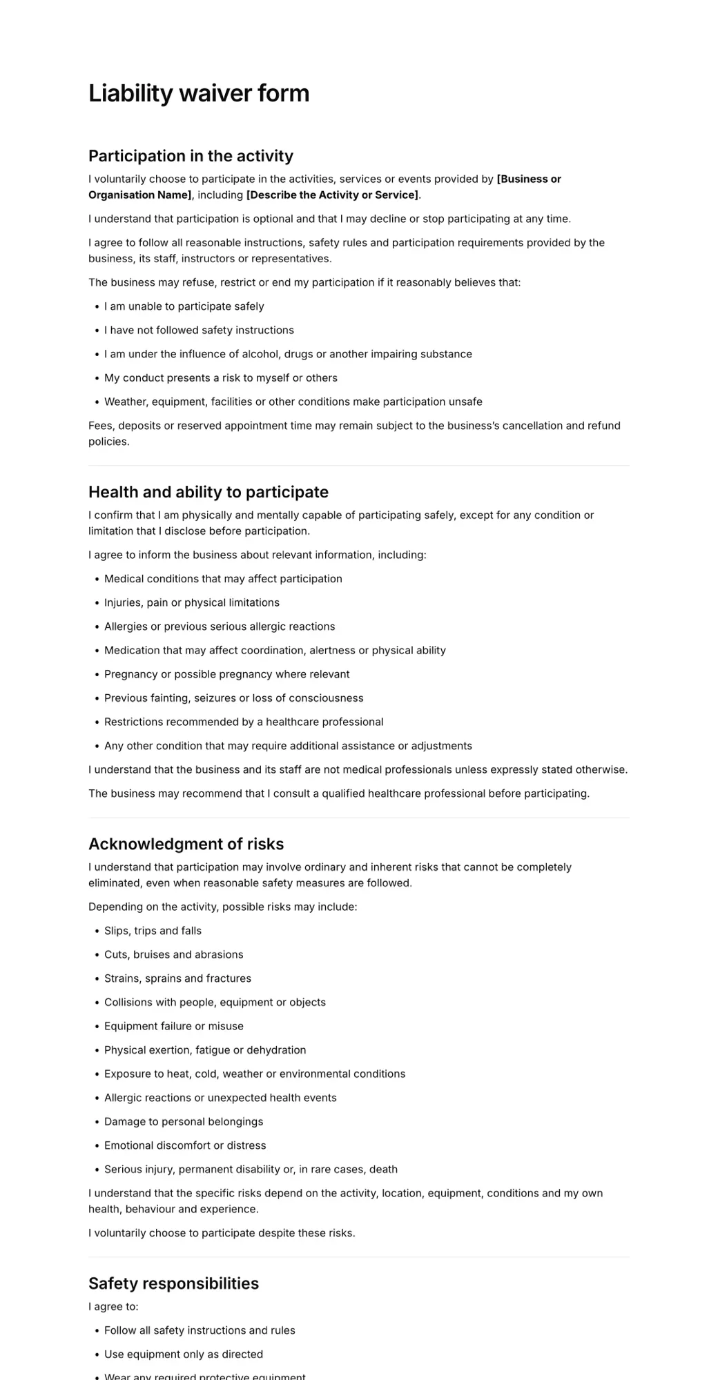Liability waiver form PDF