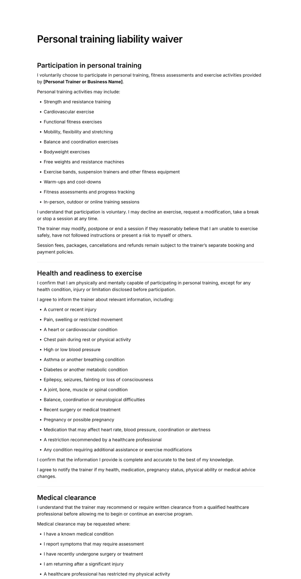 Personal training liability waiver PDF