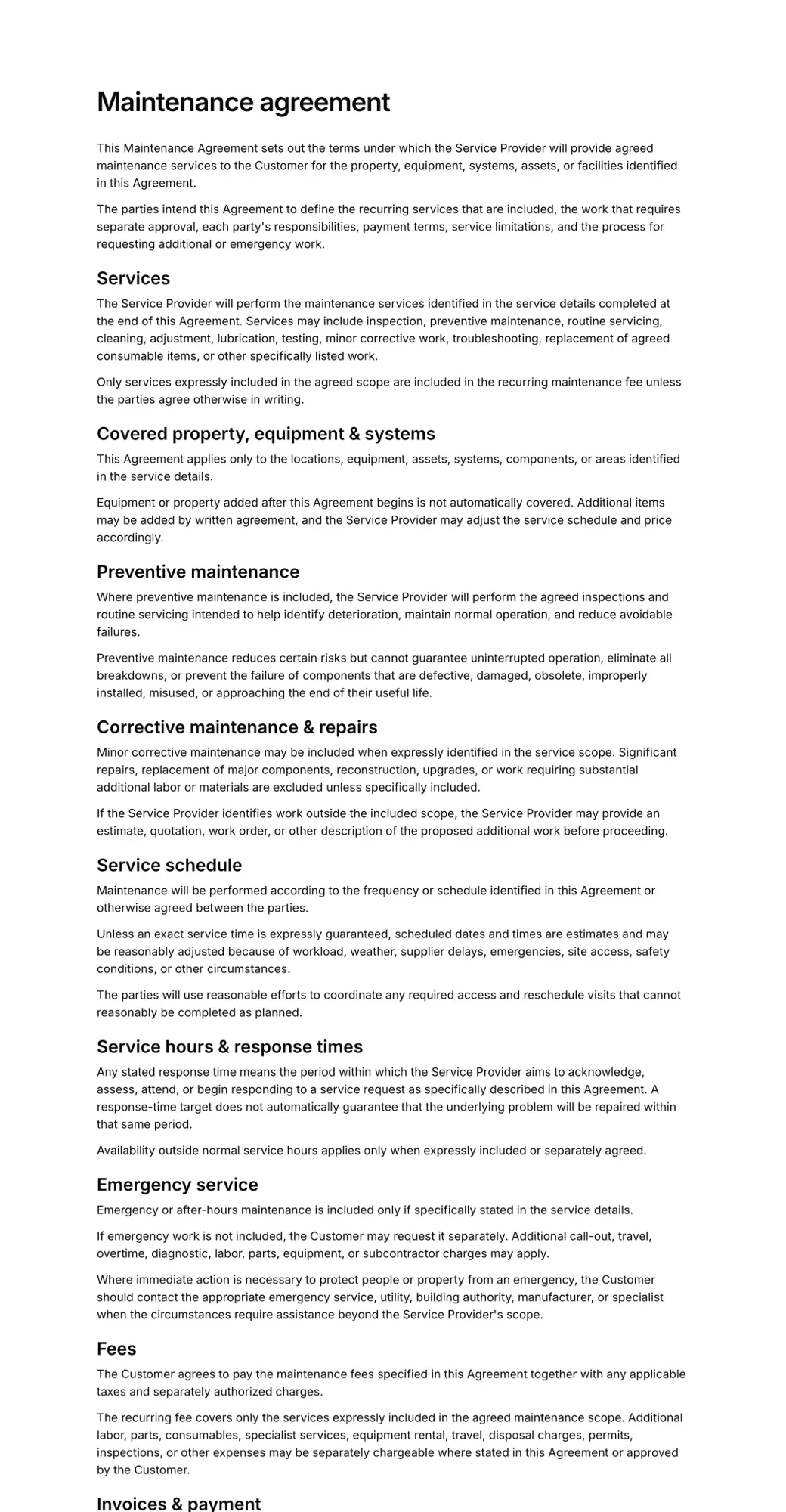 Maintenance agreement PDF