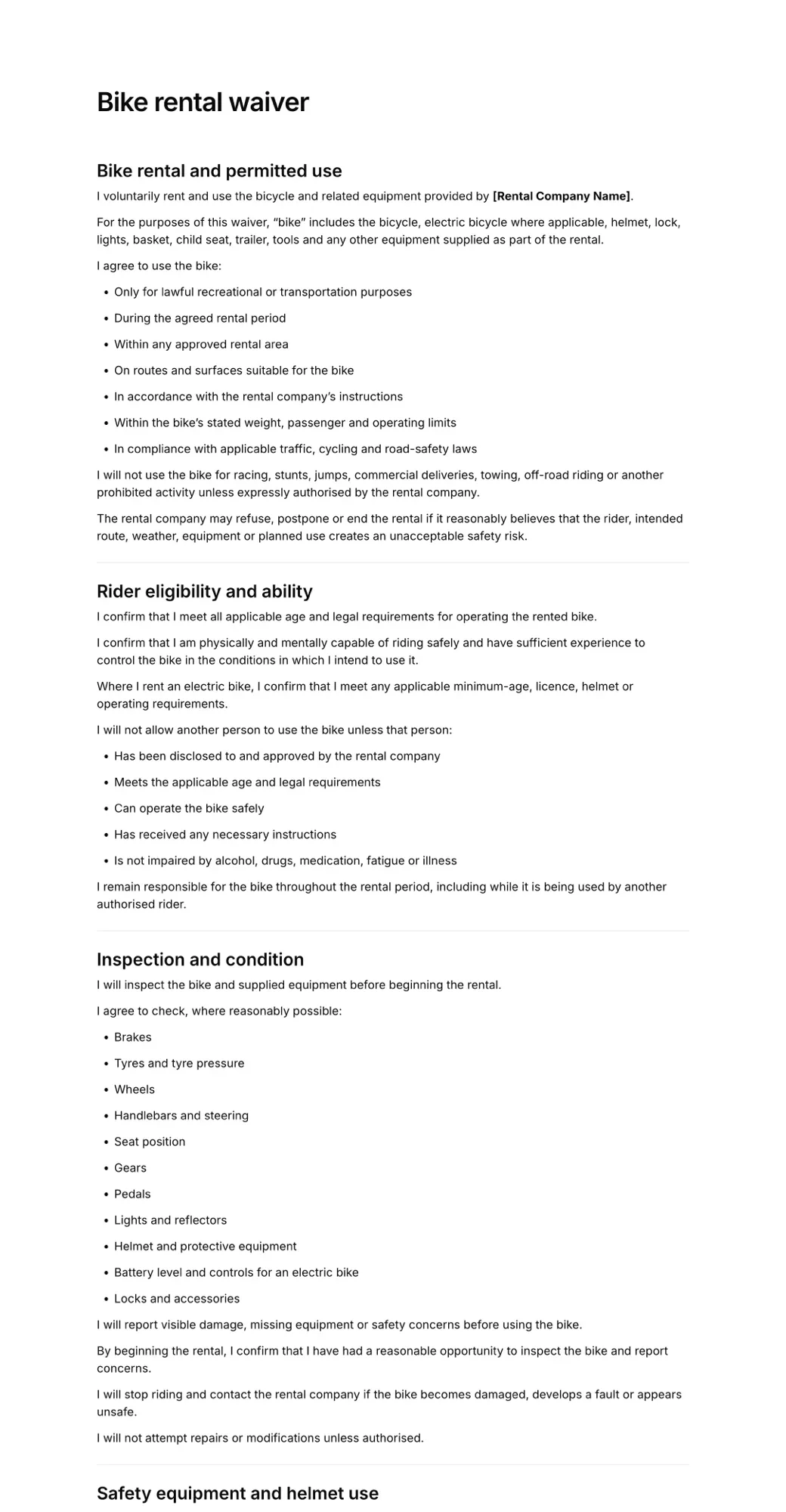 Bike rental waiver PDF
