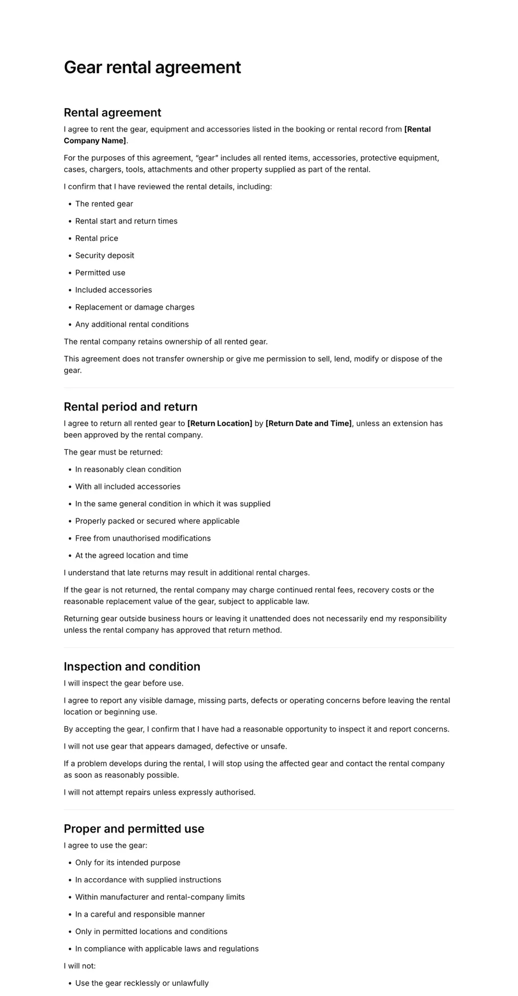 Gear rental agreement PDF