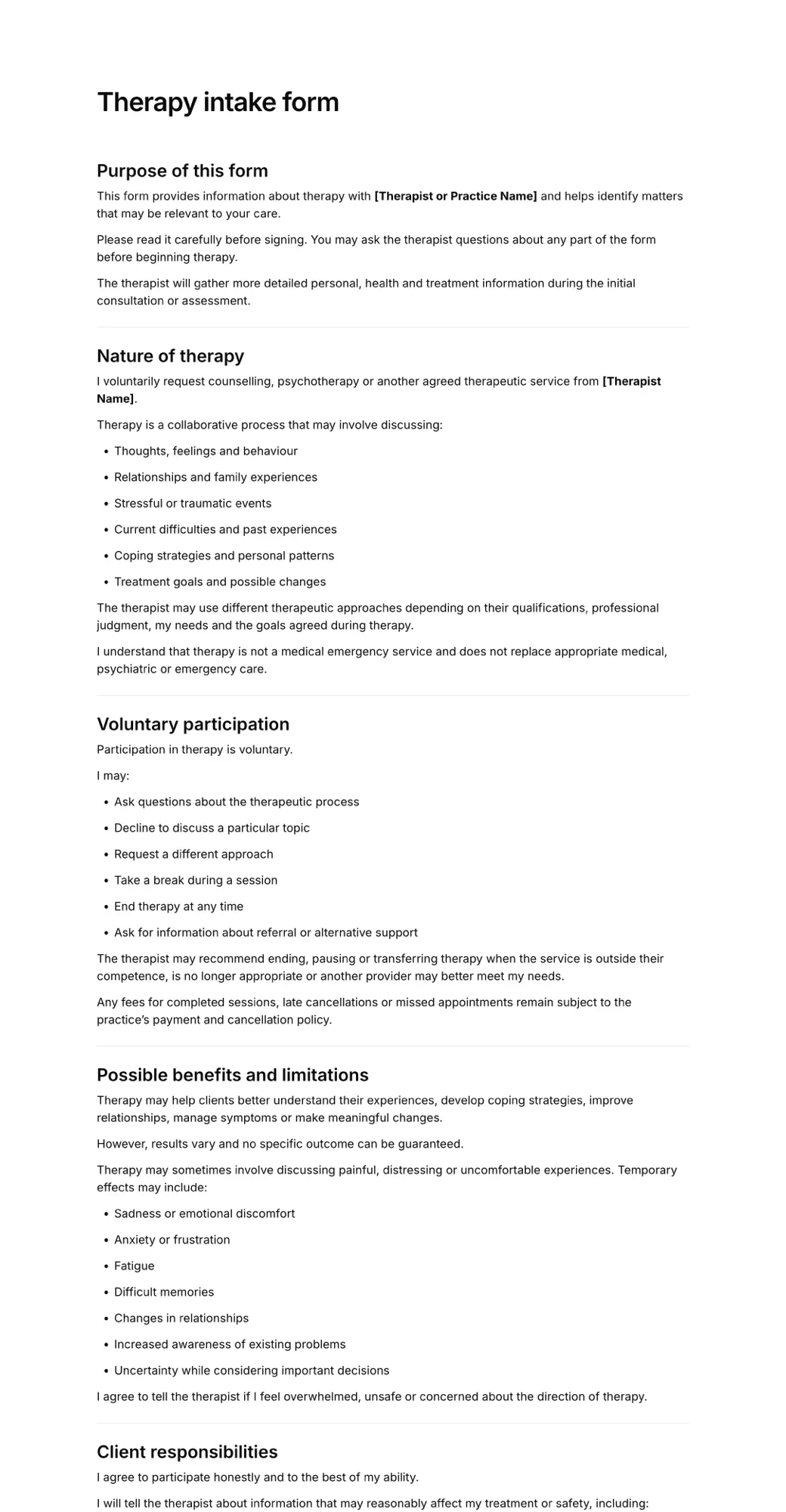 Therapy intake form PDF