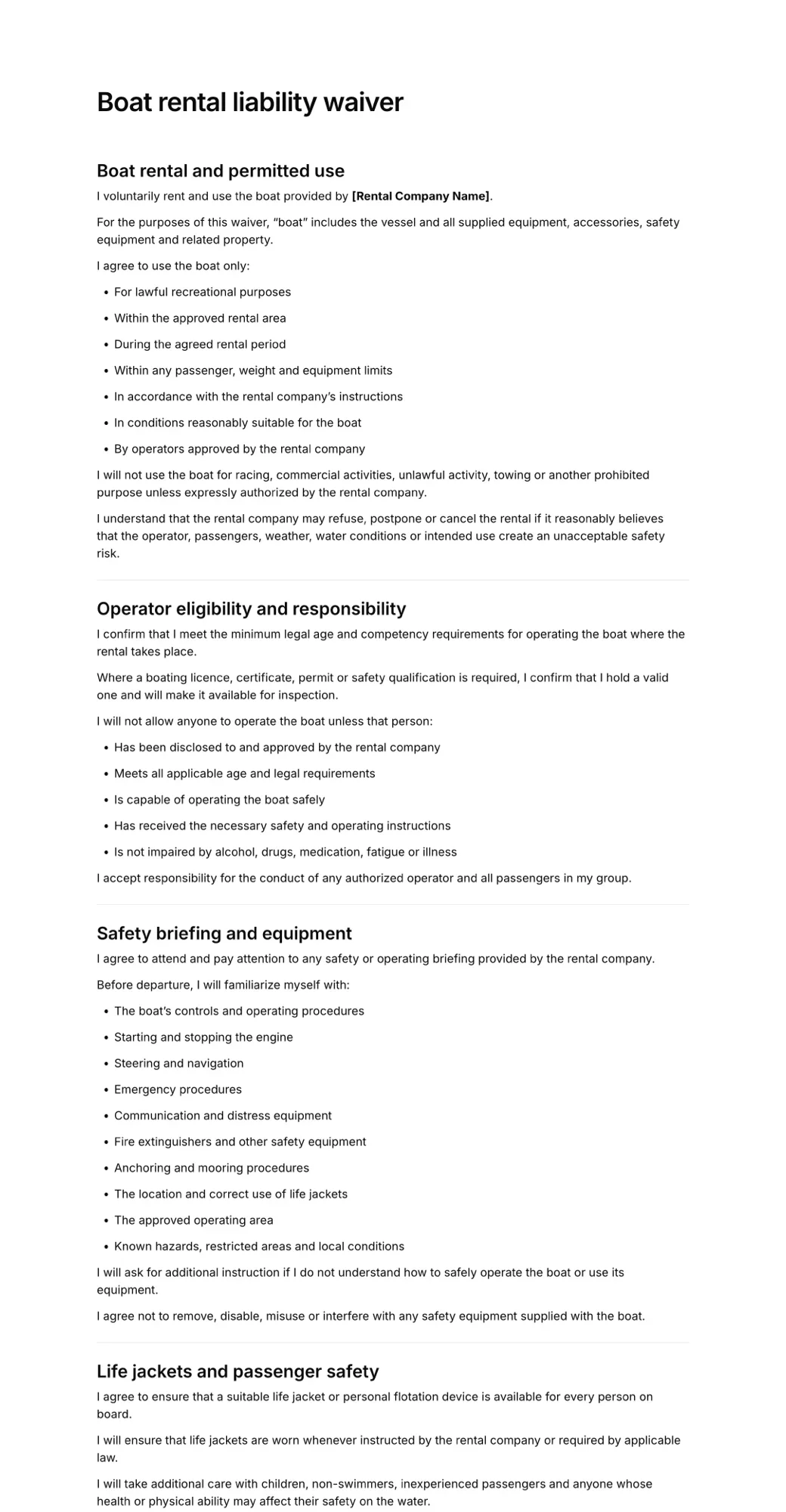 Boat rental liability waiver PDF