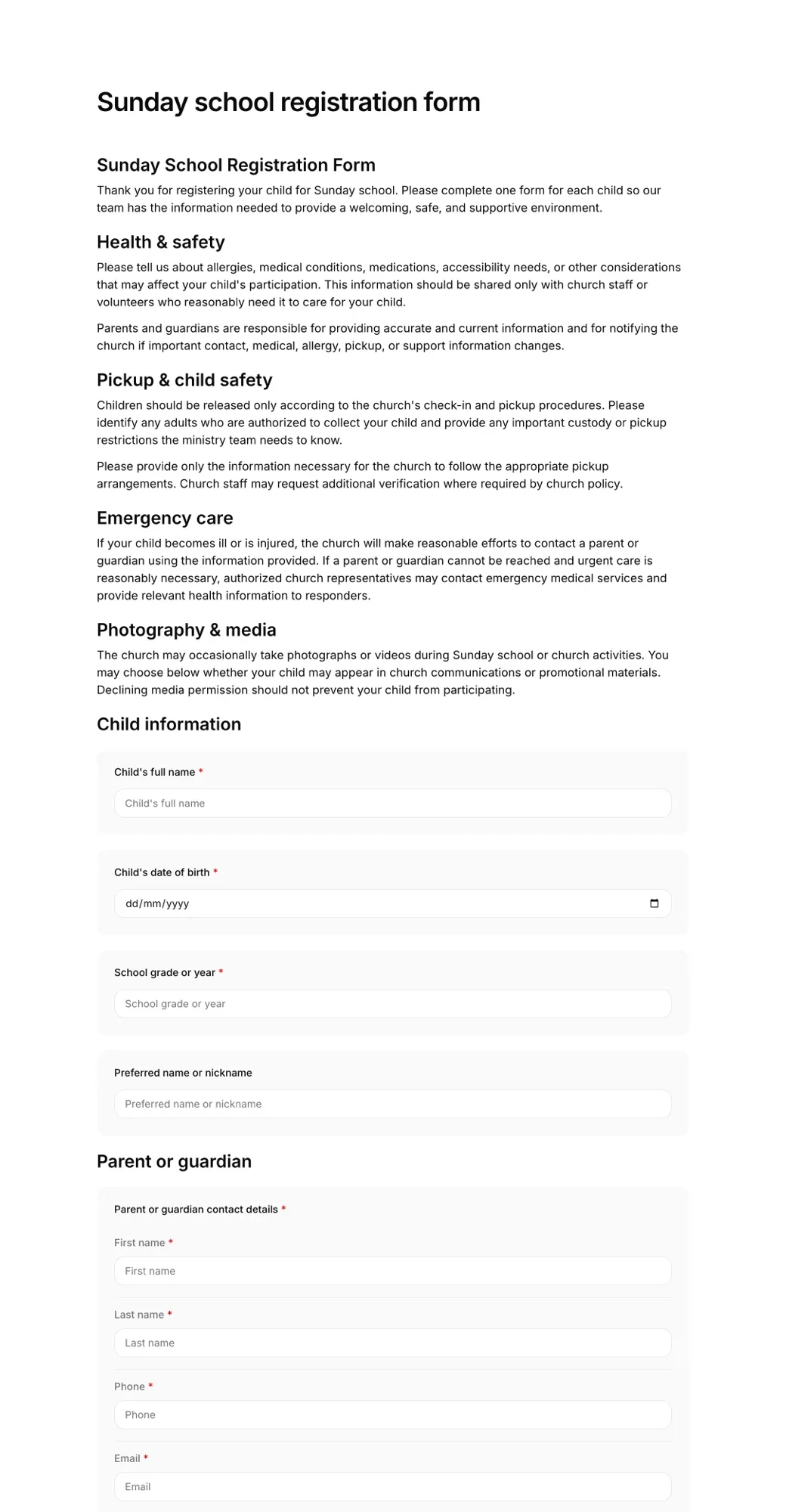 Sunday school registration form PDF