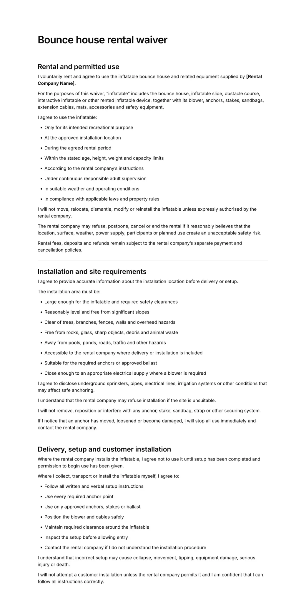 Bounce house rental waiver PDF