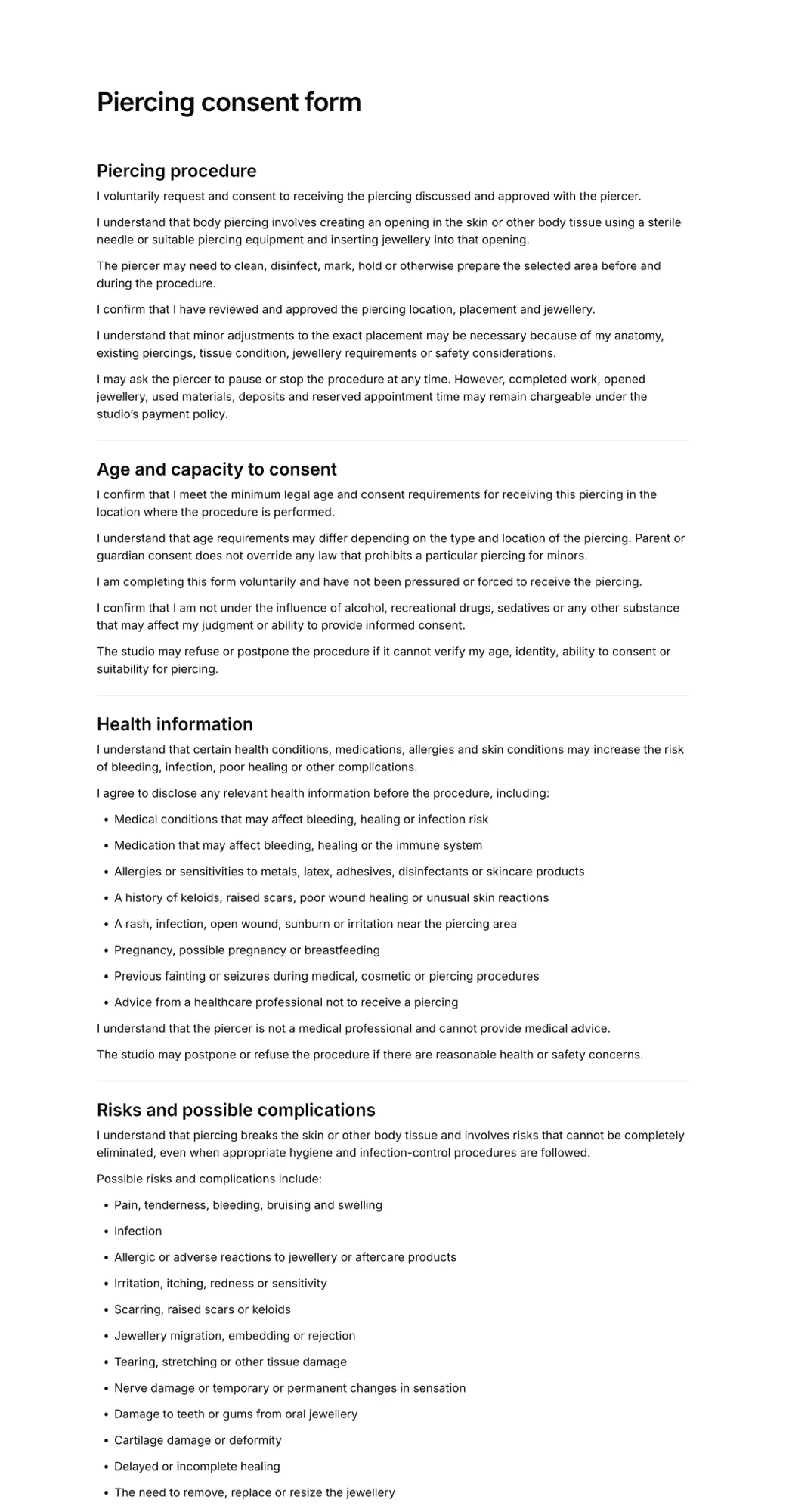 Piercing consent form PDF