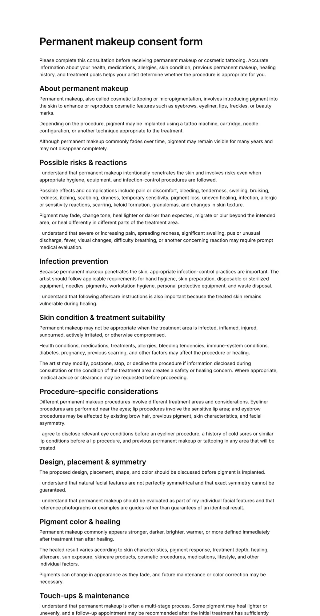 Permanent makeup consent form PDF
