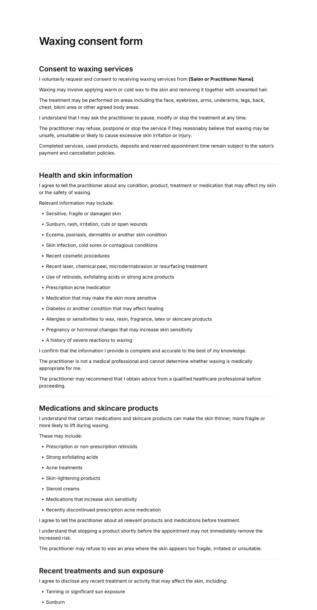 Waxing consent form PDF