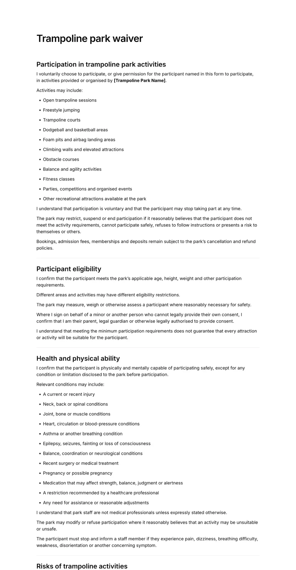 Trampoline park waiver PDF