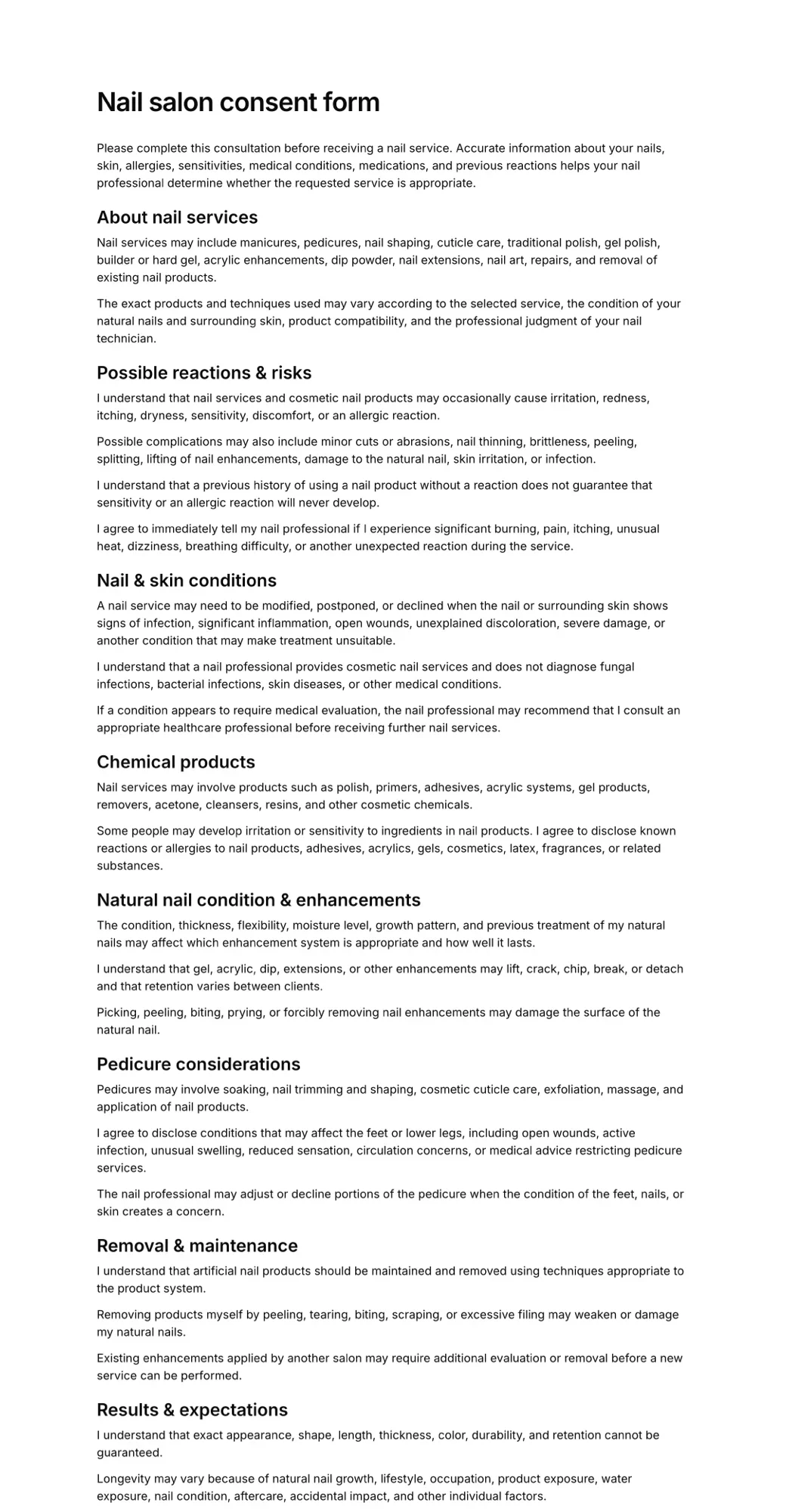 Nail salon consent form PDF