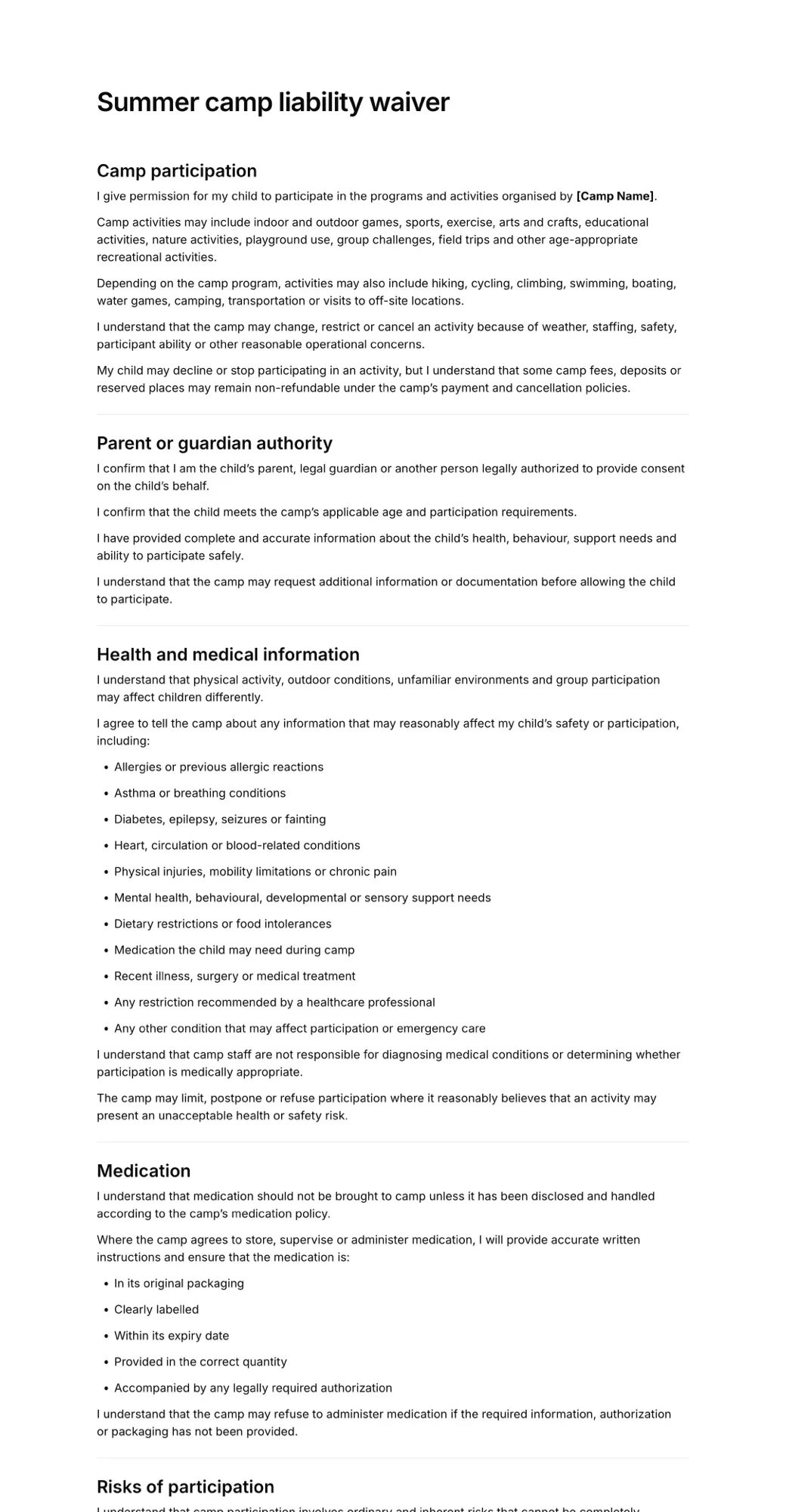 Summer camp liability waiver PDF