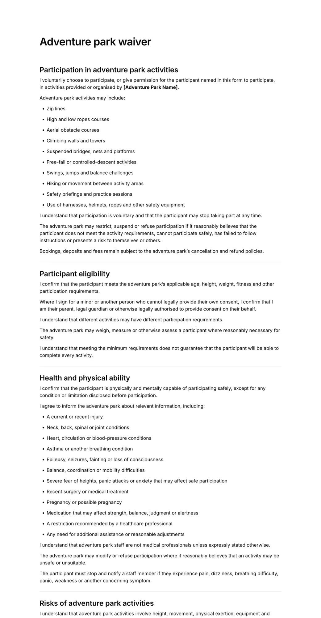 Adventure park waiver PDF