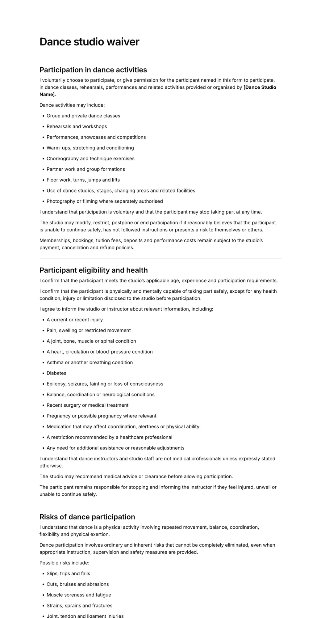 Dance studio waiver PDF