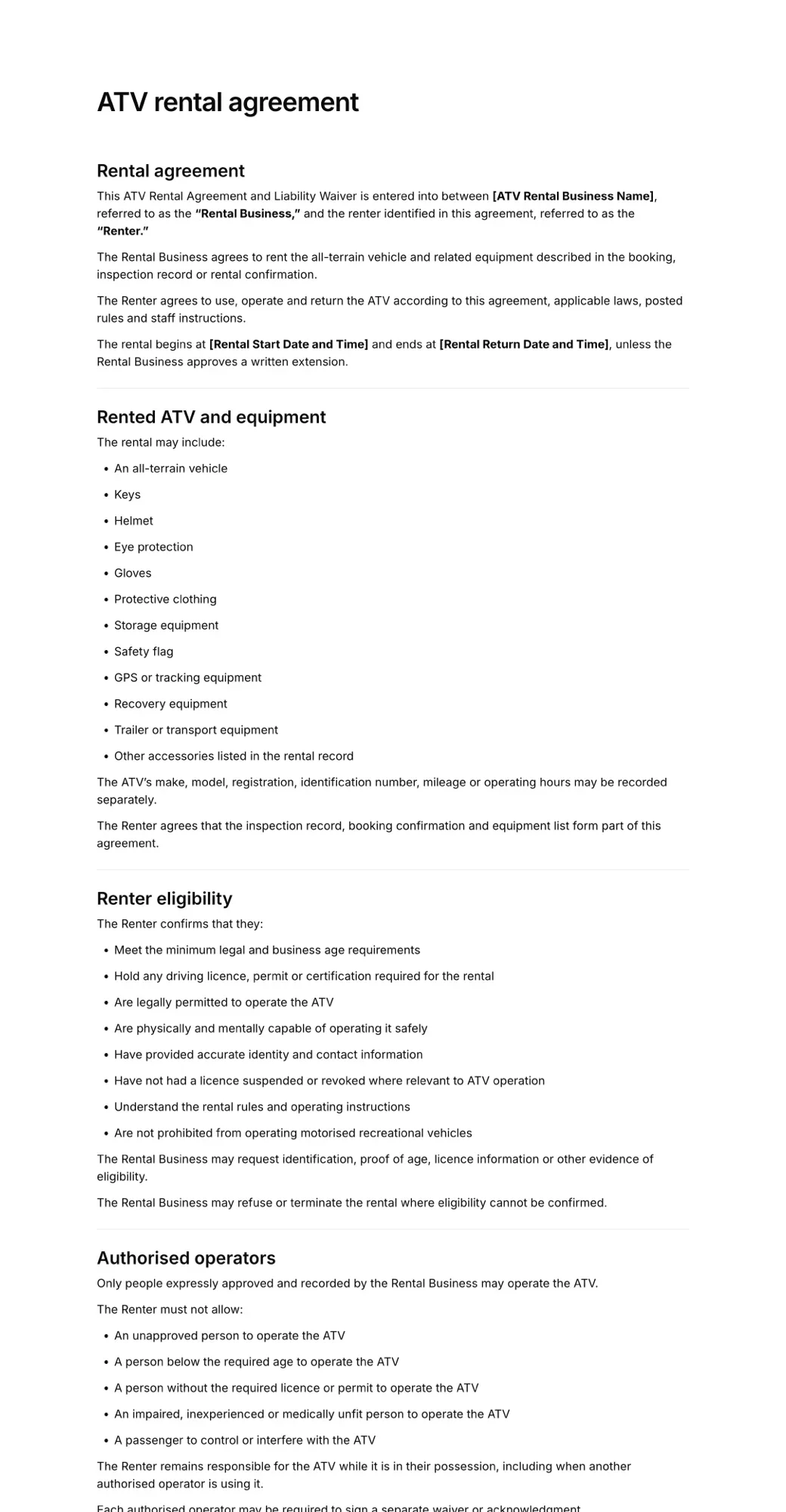 ATV rental agreement PDF