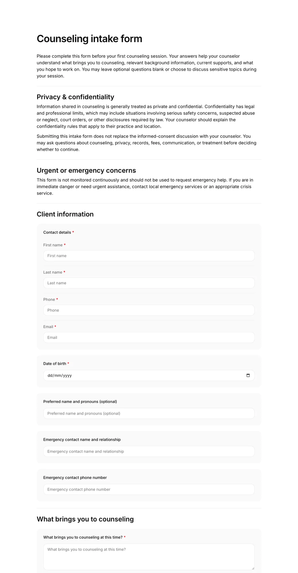 Counseling intake form PDF
