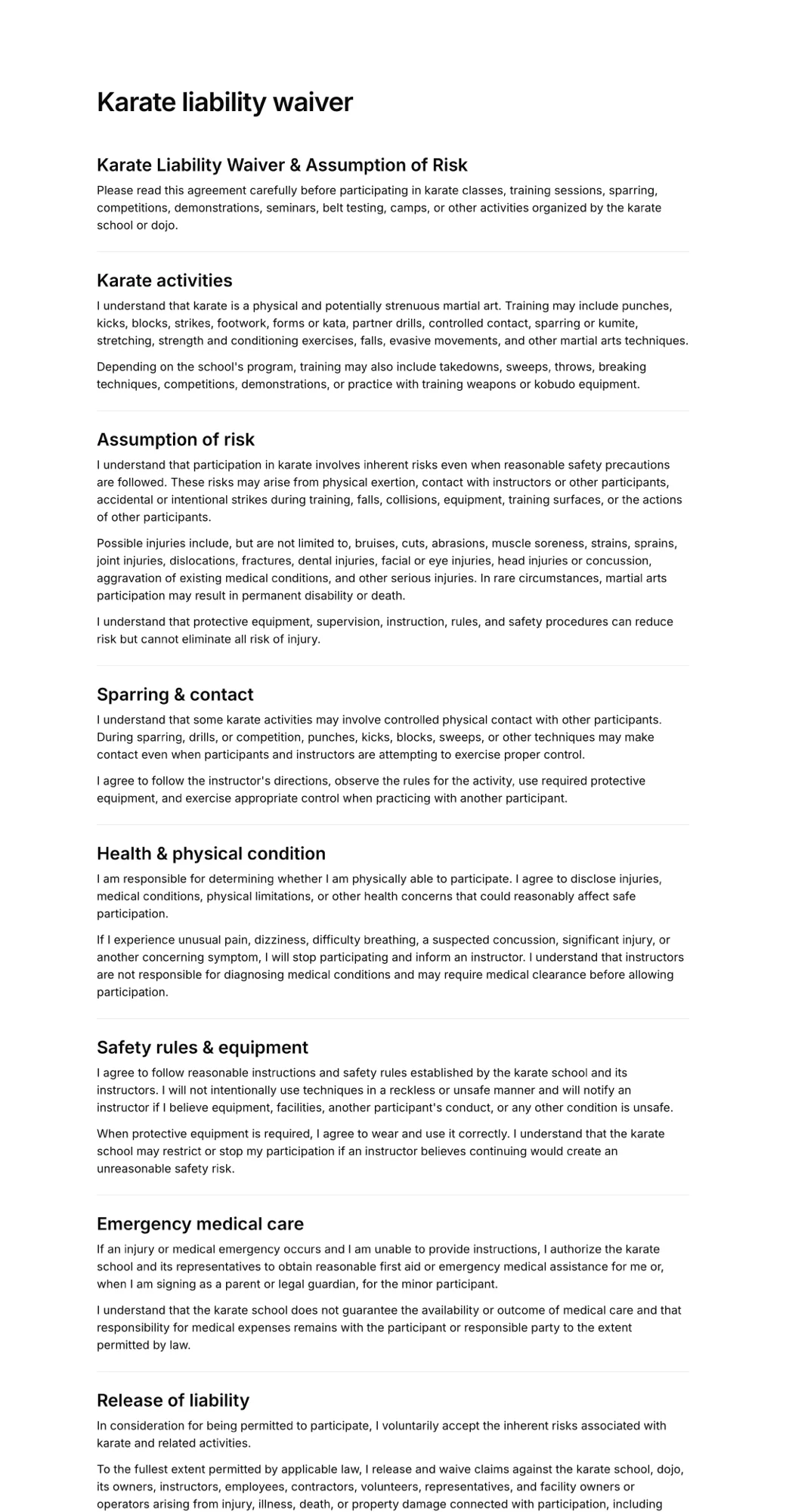 Karate liability waiver PDF