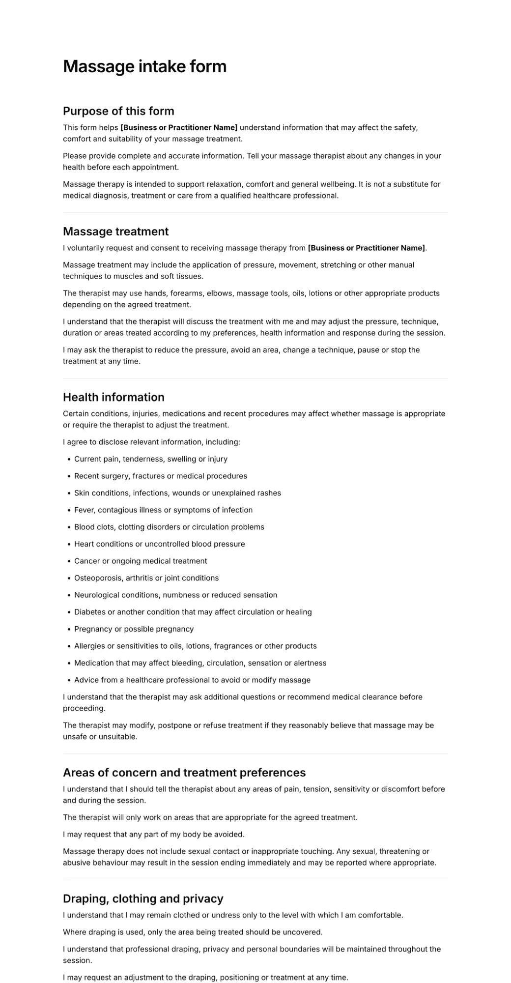 Massage intake form example