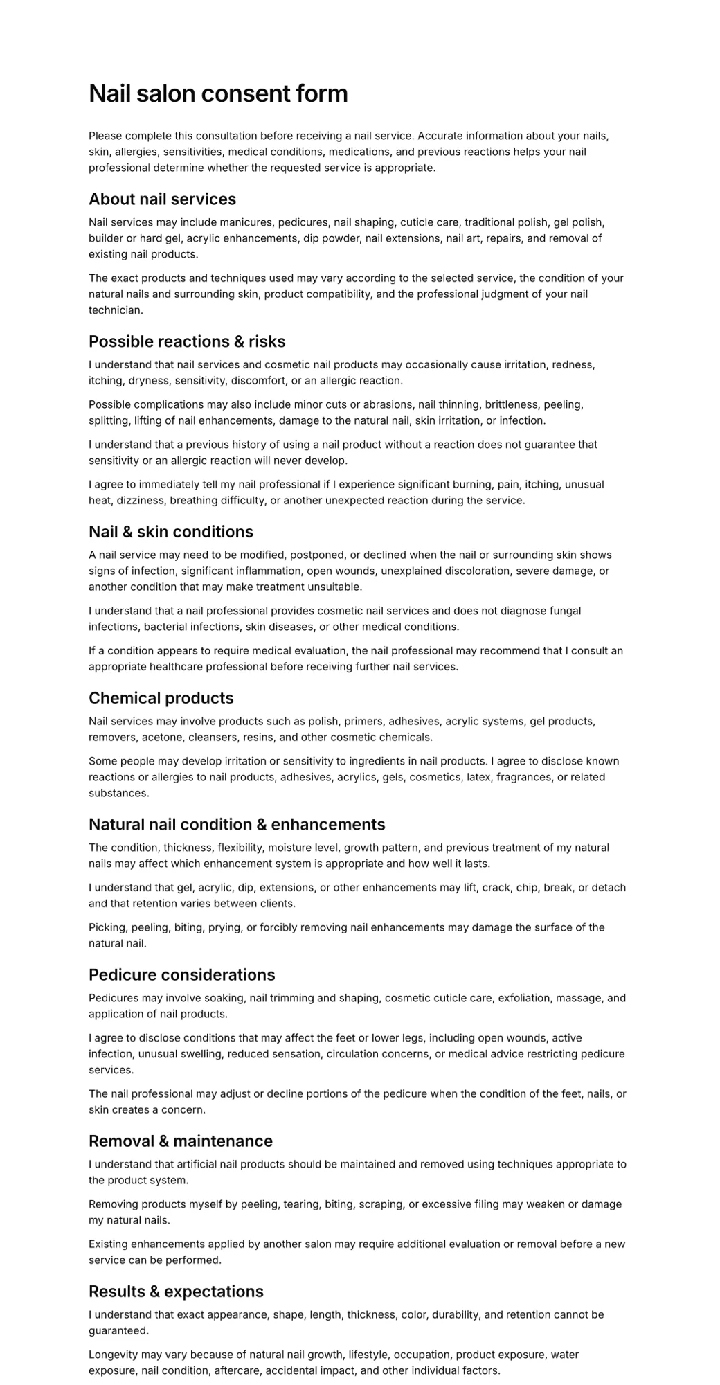 Nail salon consent form PDF