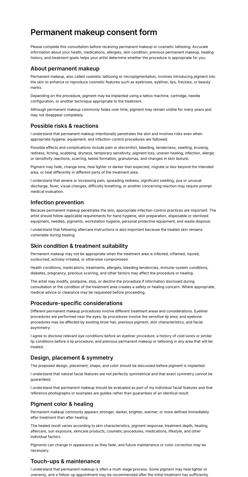 Permanent makeup consent form PDF