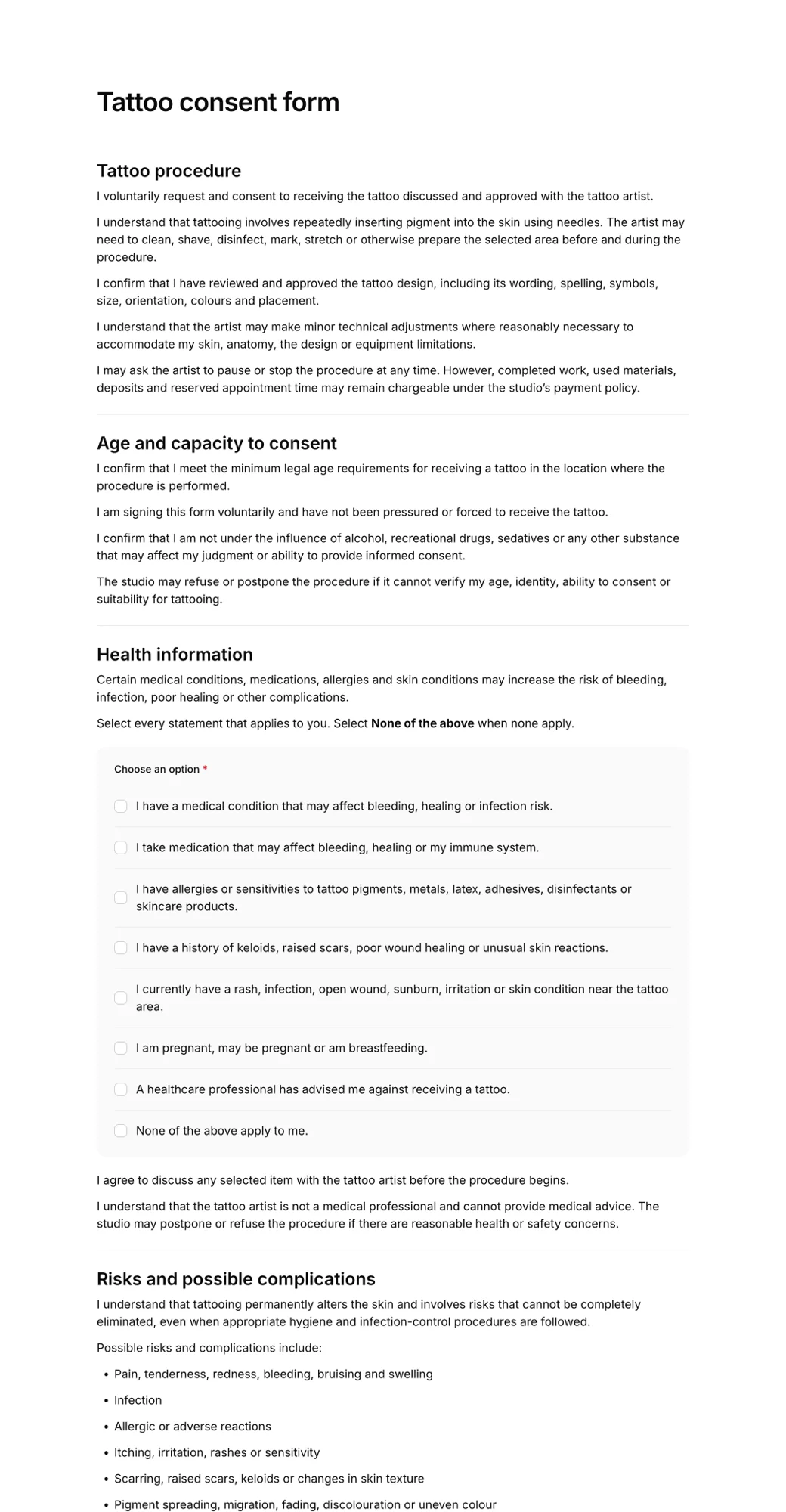 Tattoo consent form example