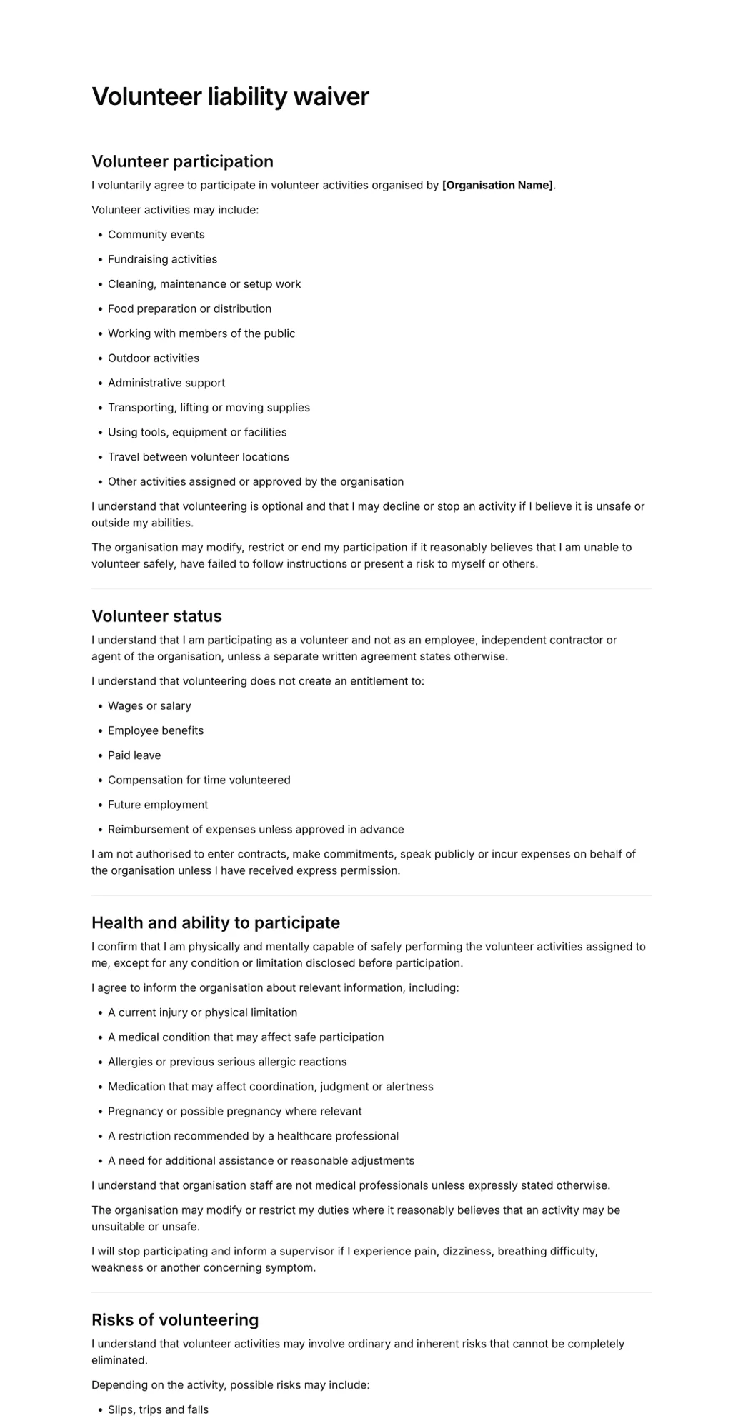 Volunteer liability waiver PDF
